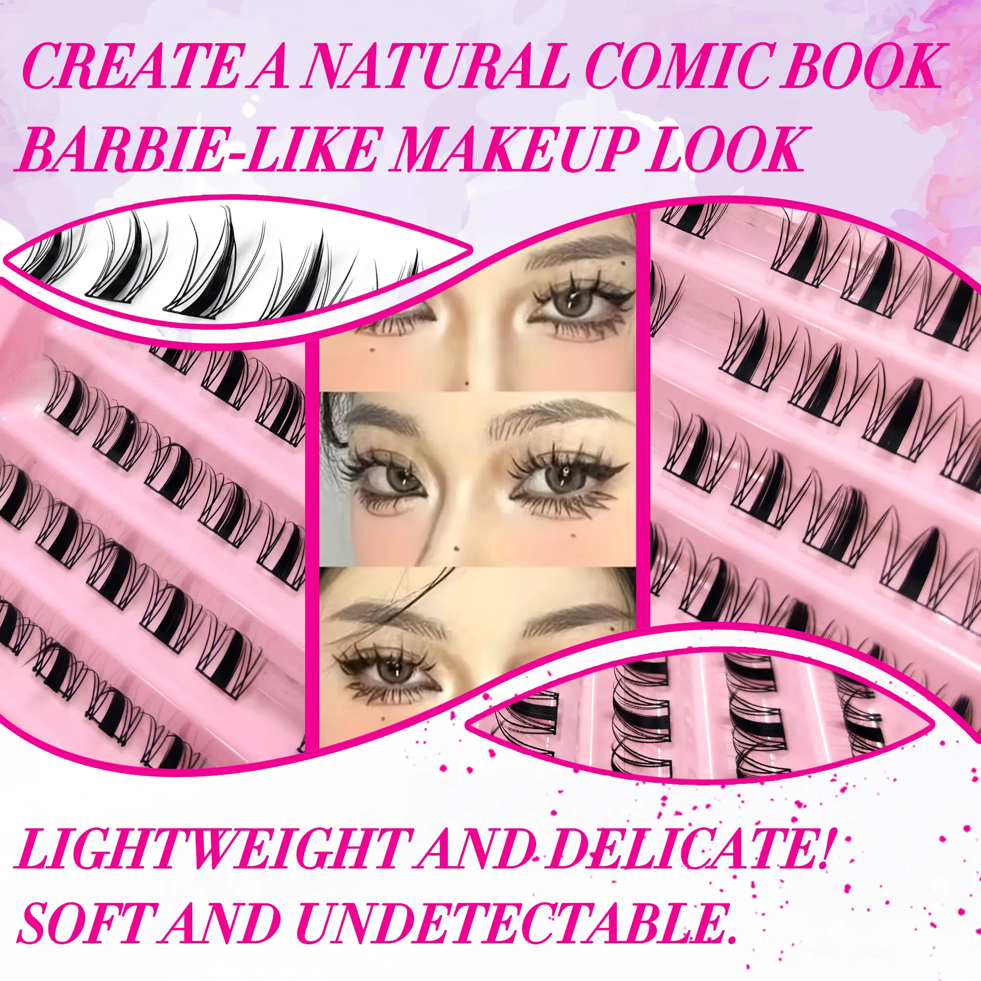 100-faches Comic-Set für falsche Wimpern, puppenartige, märchenhafte 3D-Wimpern, inklusive Kleber und Pinzette.