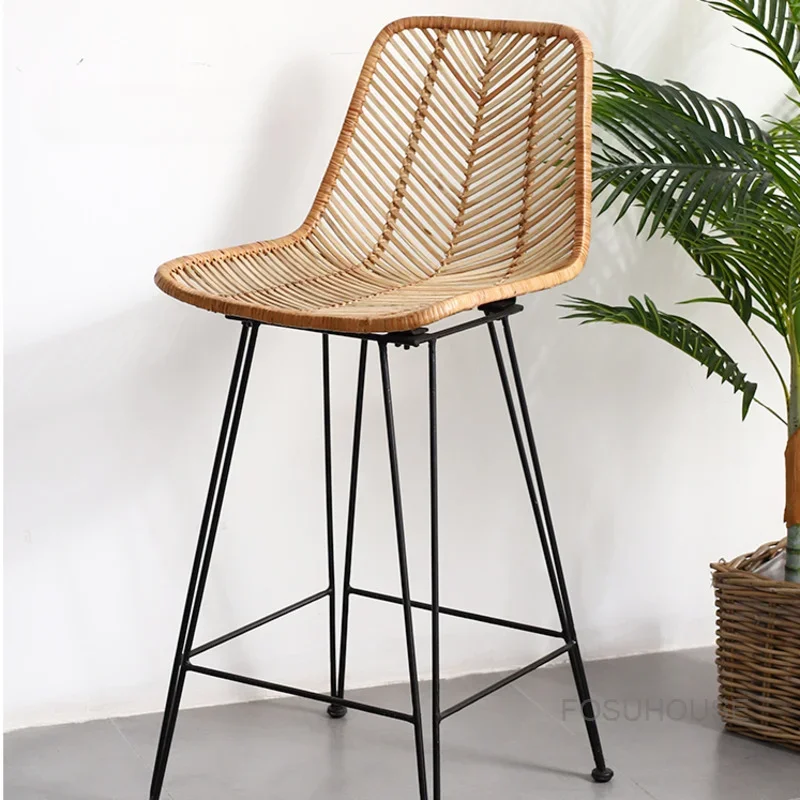 

Metal Legs High Bar Stool Rattan Woven Backrest Lounge Minimalist Bar Chairs Dining Designer Sedie Moderne Room Furnitures