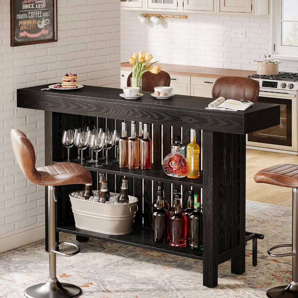 Black Large Home Bar Unit, 2-Tier Mini Bar Table Height Pub Table with Footrest, 63-Inch Modern Coffee Bar Cabinet for Home Kitc