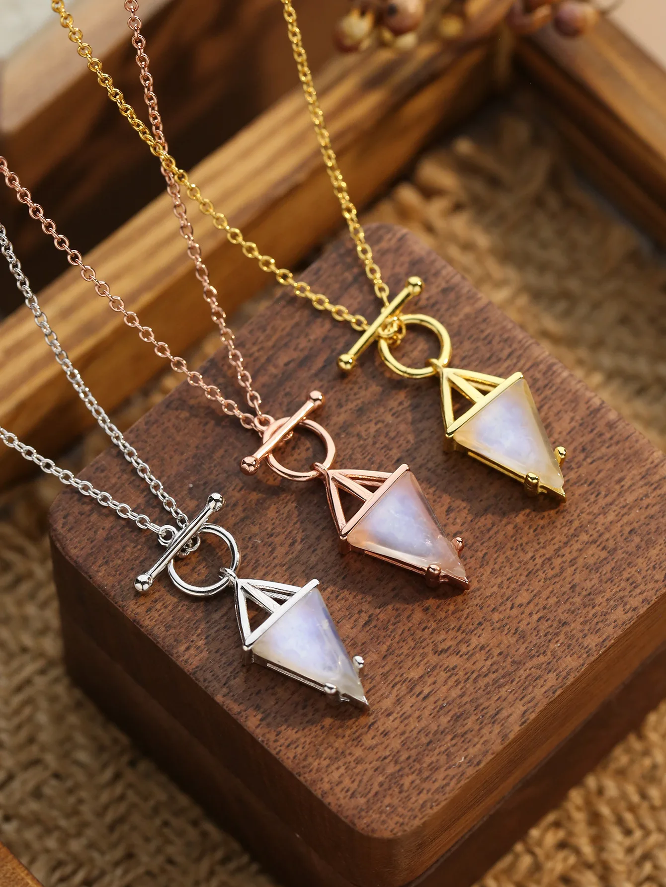 Necklace Made of Pure 925 Silver and Moon Stone with Triangle-shape Pendant for Cool Style,3 Color Options