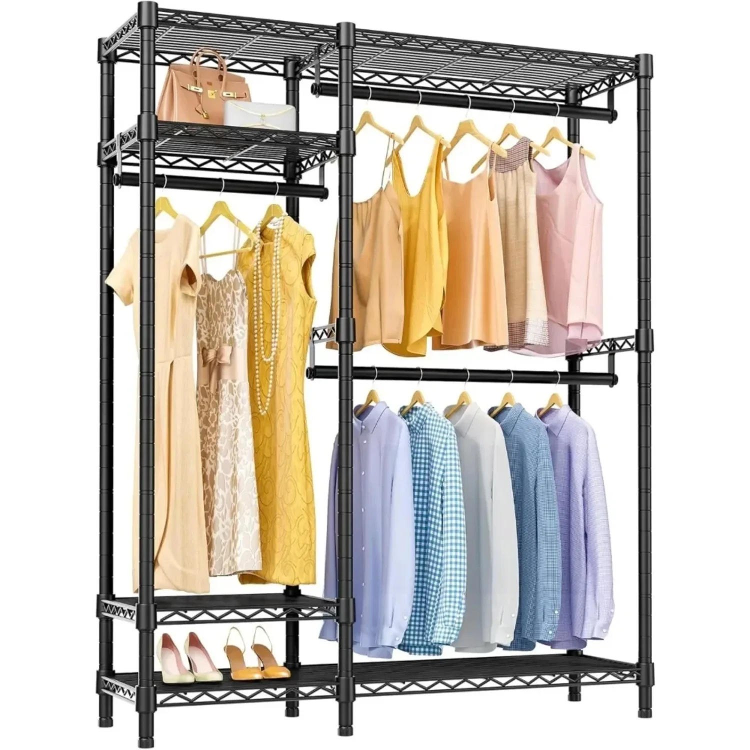 

Garment Rack , 4 Tiers Adjustable Wire Shelving Clothing Racks with 3 Hanging Rods, Freestanding Closet Metal Wardrobe Closet