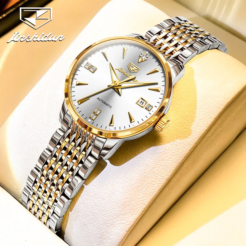 JSDUN Classic Women Automatic Mechanical Watch Calendar Display Fashion Elegant Gold Stainless Steel Ladies Clock Wristband 8943