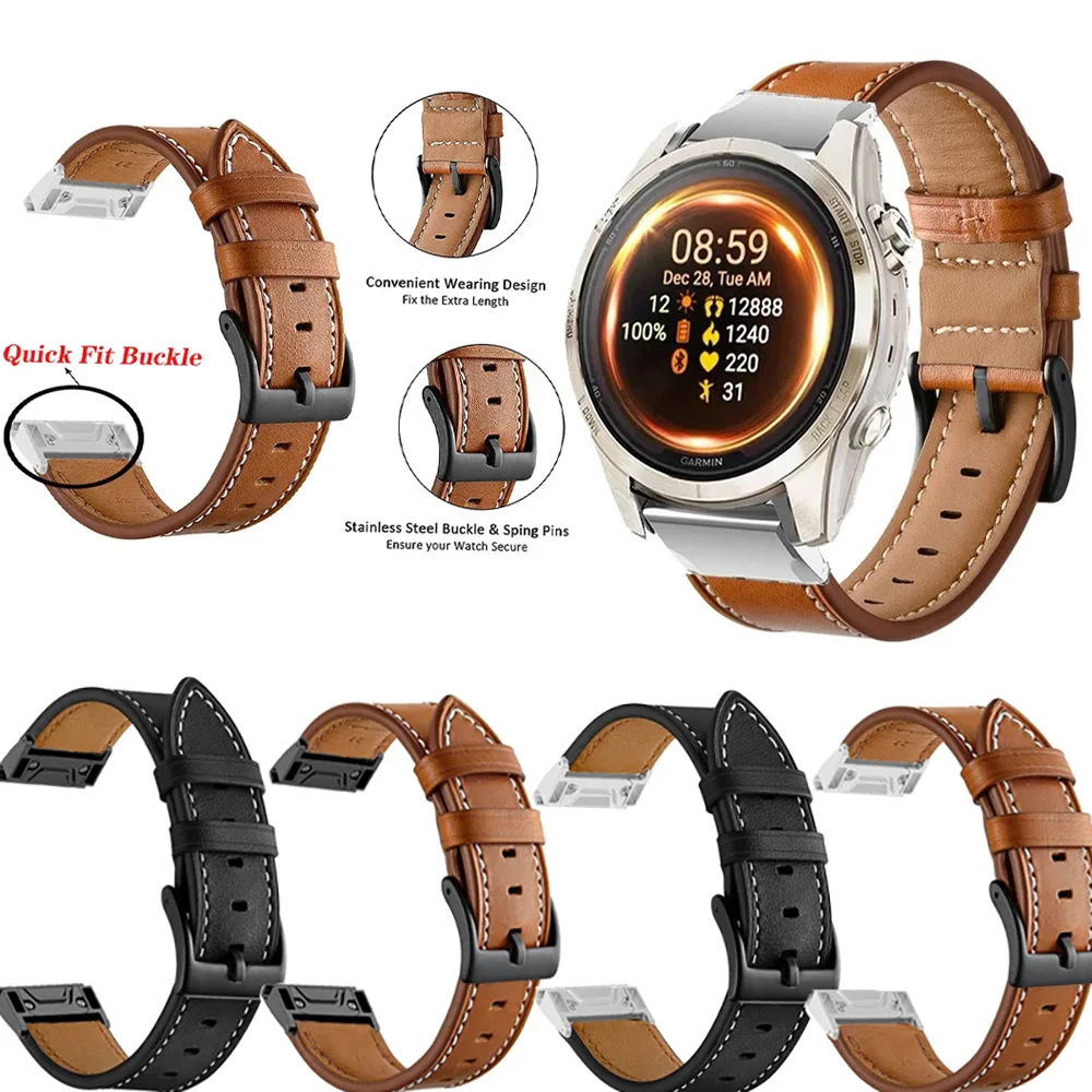 26 22mm For Garmin Fenix 7X 7 Pro 6 6X Pro 5X 5 Plus Sapphire Solar Watch Strap Bracelet Quick Release PU Leather Band Wristband