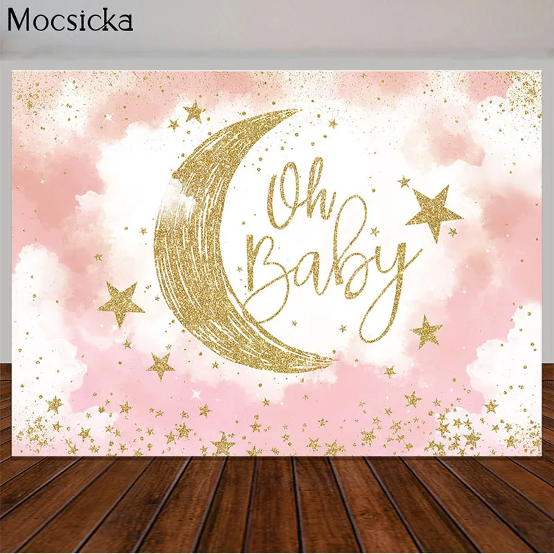 

Oh Baby Backdrop Girl Baby Shower Party Decor Photography Background Shiny Golden Moon Stars Pink Sky Clouds Photo Studio Props