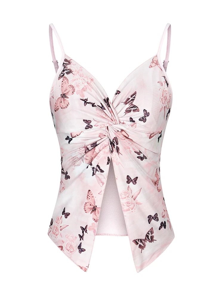 Women's Pleated Butterfly-Print Sexy Spaghetti-Strap Tank Top: Y2K Style, Resort-Inspired, Spaghetti-Strap Top