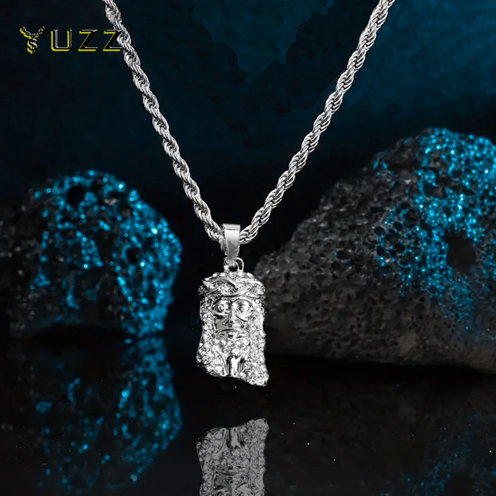 Men Hip Hop Jesus Piece Head Face Pendant Necklace With 4mm Rope Chain Shining Crystal Charm Pendants Jewelry Gift For Your Love