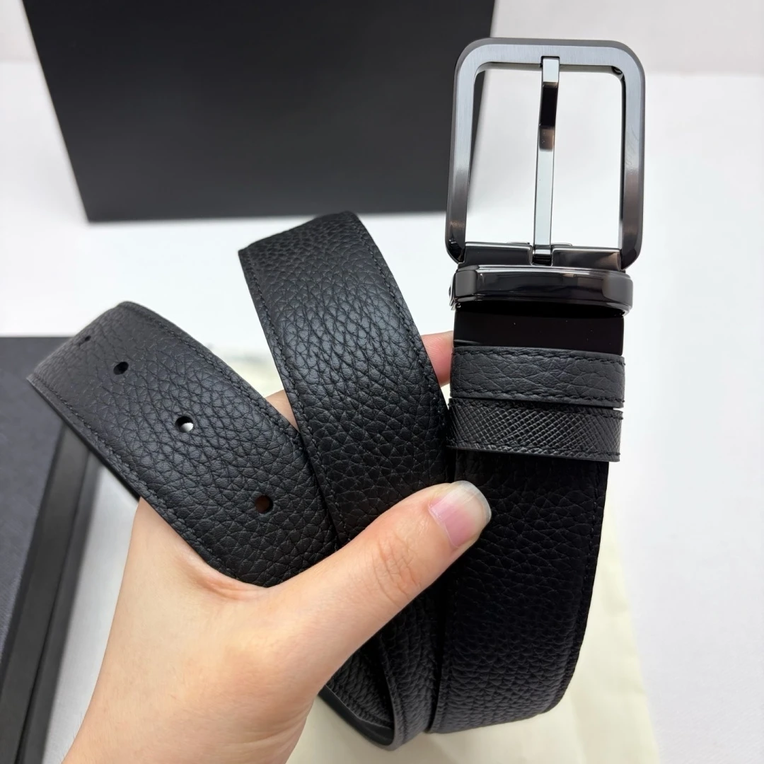 Business Formal Waist Strap 35mm Luxury Men's Dual‑Sided Reversible Leather Belt Rotatable Square Pin Buckle Pebble Cross Grain