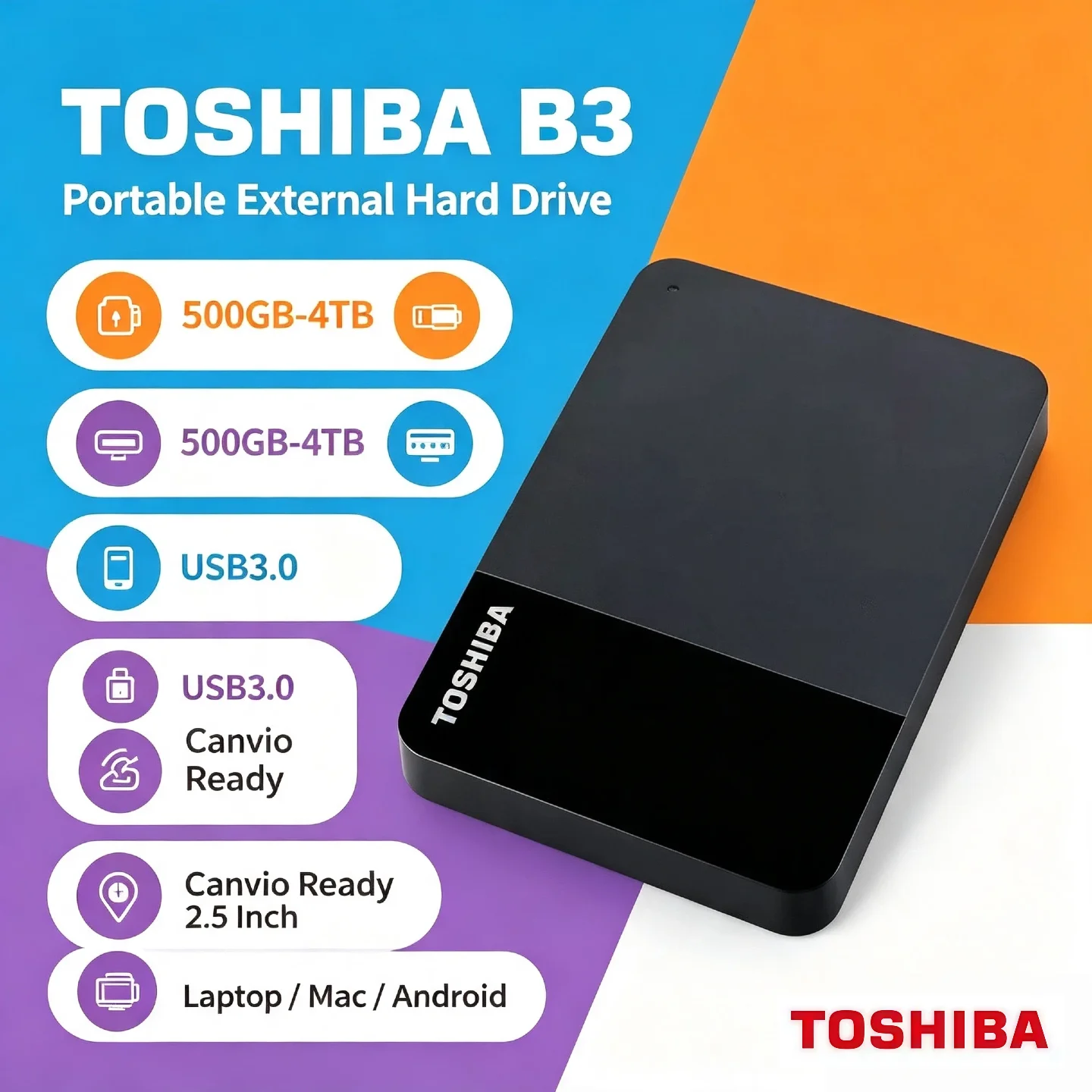 Toshiba B3 Canvio Ready 4TB 2TB 1TB USB3.0 Portable External Hard Drive 2.5 Inch Hard Disk for Laptop Mac Android Pro Max
