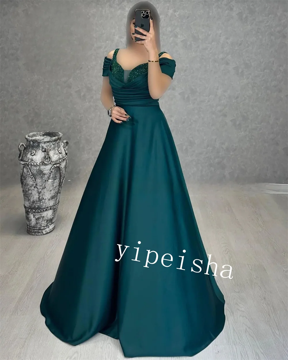 Satin Rhinestone Pleat Ruched Valentine's Day A-line Off-the-shoulder Bespoke Occasion Gown Long Dresses