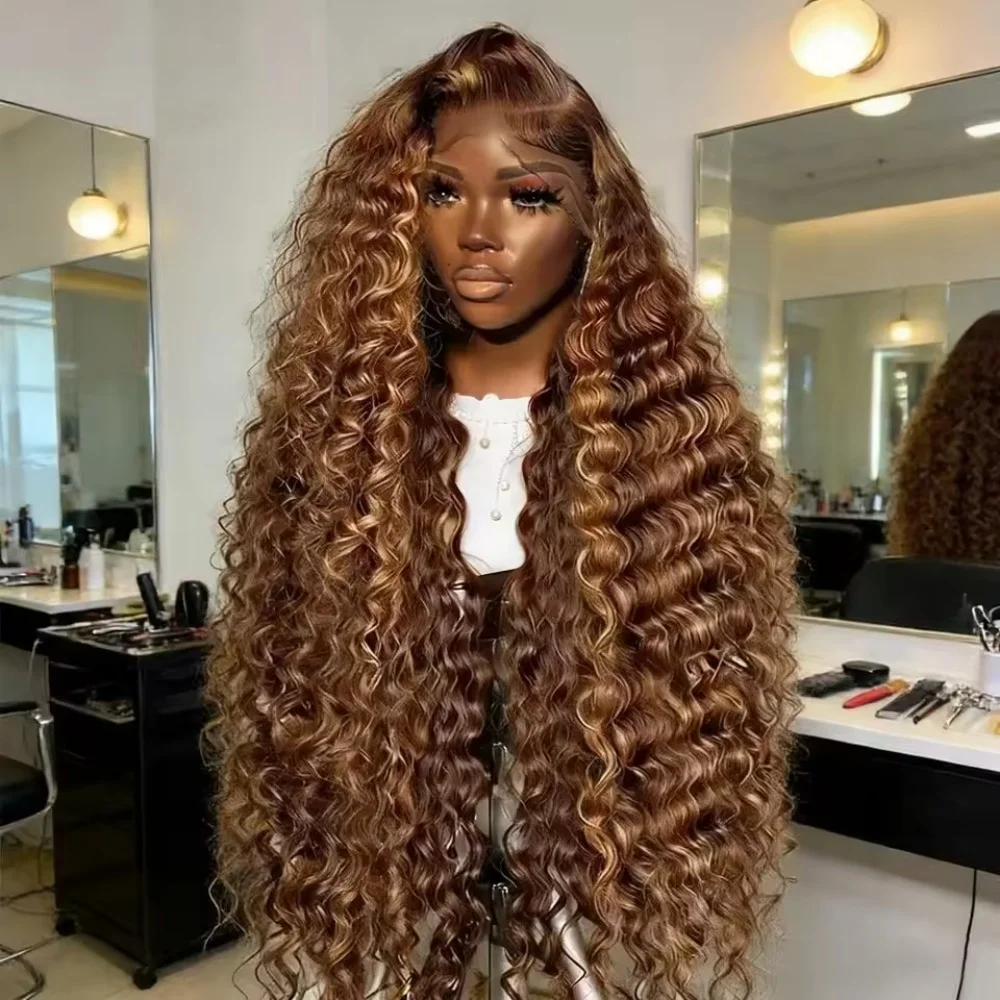 4/27 32 34 Inch Highlight Honey Brown Curly Lace Front Human Hair Wigs 200Density Ombre Colored Deep Wave Lace Frontal Wigs Women