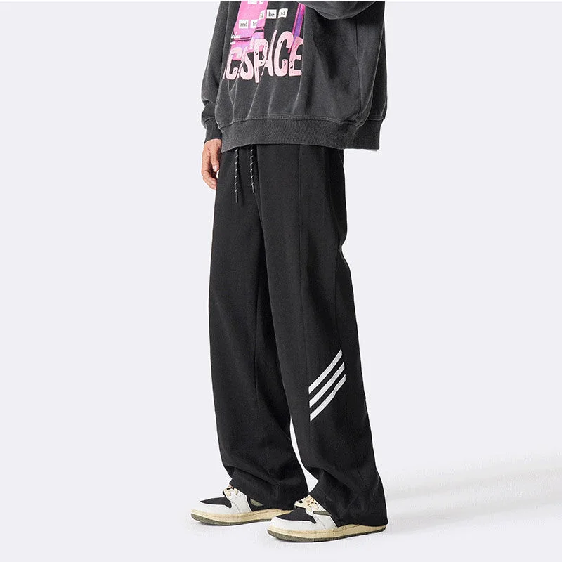 American Trendy Vintage Summer Loose Sports Wide Leg Pants Men Pocket Striped Elastic Wait Drawstring Casual Straight Trousers