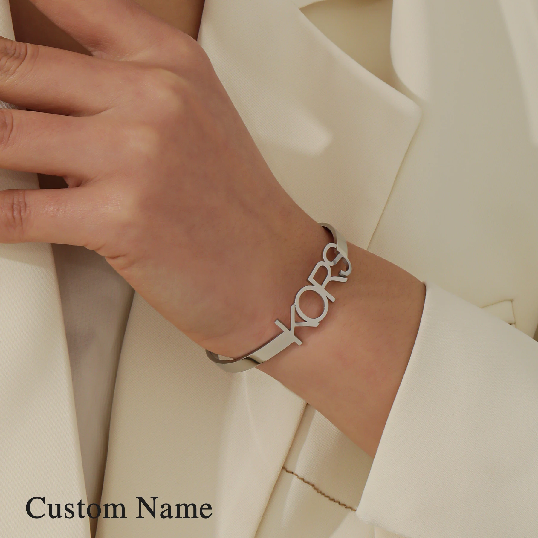 

Custom Name Bracelet Stainless Steel Silver Plated Open Cuff Hollow Out Art Font Personalized Jewelry Gift For Women Minimalist