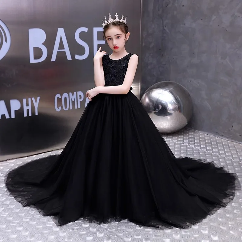 

Children's Model Show Evening Dress Girls Princess Dress with Train Host Little Girl High-end Puffy Tulle Performance Dress