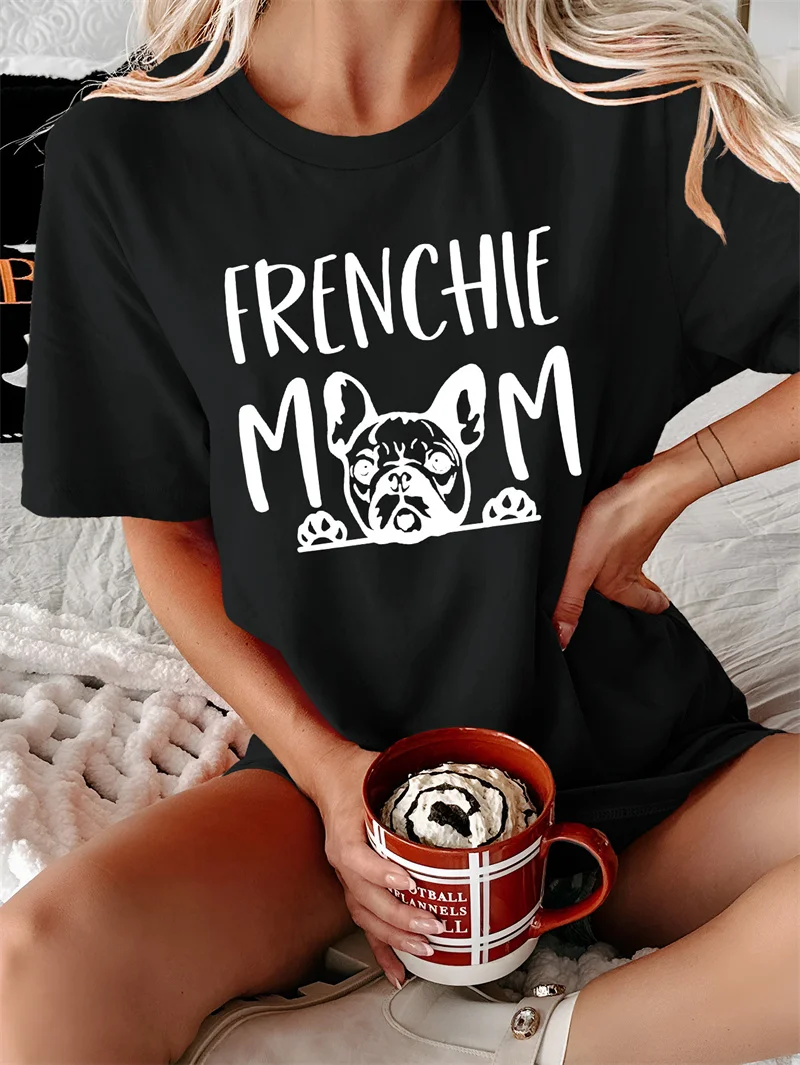 New summer cotton cute frenchie mom letter-print base shirt fashion vintage crew neck short sleeve T-shirt top