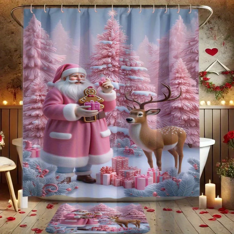 4PCS Santa & Reindeer Print Bathroom Set,Shower Curtain,Non-Slip Mat,Toilet Seat Cover, Bath Rug,12 Plastic Hooks, Holiday Decor