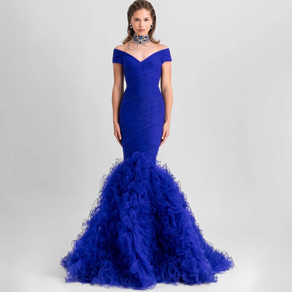 Vestido de noche largo hasta el suelo de sirena azul real con cuello en V y hombros descubiertos plisado y volantes vestidos formales de fiesta personalizados para mujer