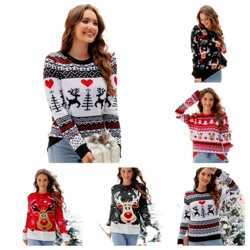

Women's Christmas Sweater with Reindeer Heart Patterns Crew Neck Long Sleeve Knitted Pullover Prints for Festive Cozy Outfits