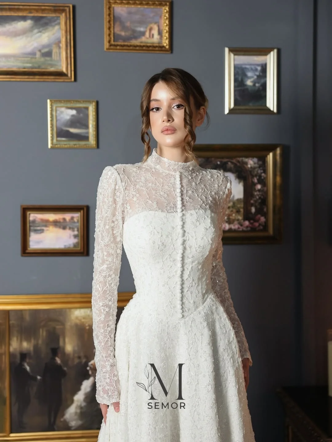Semor Charming Lace Beading Mermaid Wedding Dress O-Neck Full SleeveButton Pleat Vestido De Novia With Chapel Train Customized