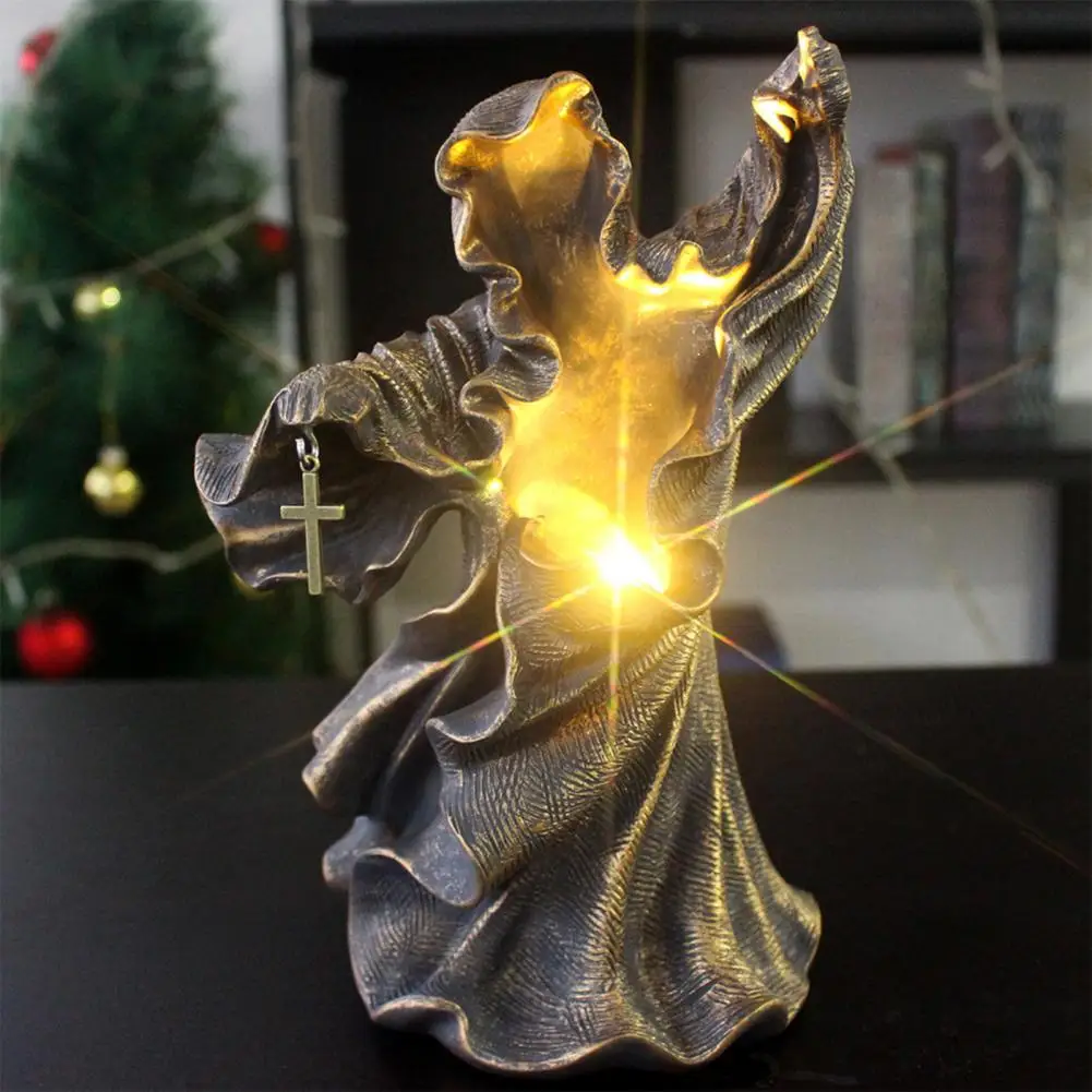 Night Light Handcrafted Statue Resin Halloween Statue with Light Spooky Faceless Ghost Sculpture Mysterious Robe for Home