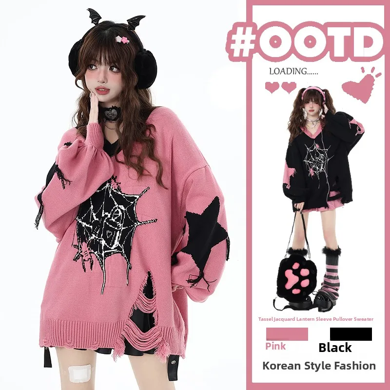 

Модный вязаный свитер с v-образным вырезом, женский свободный свитер с фонариком Све, осень-зима, модный свитер для поездок на работу, с рисунком паука-скелета