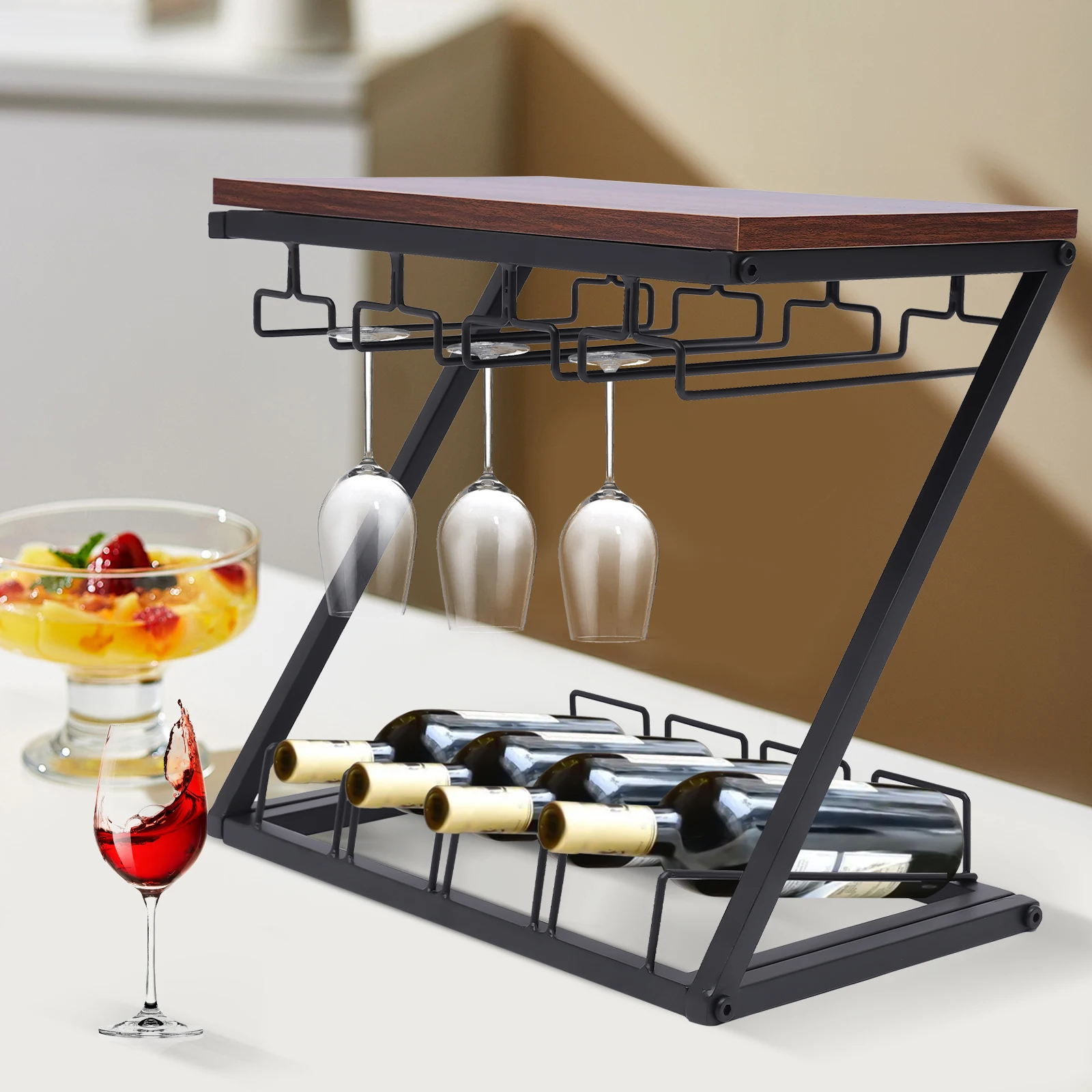 

Wine Rack Countertop Glass Holder Hold 4 Wine Bottles & 8-12Glasses Perfect for Kitchen Wine Bottle Storage, Bar, Wine Cellar