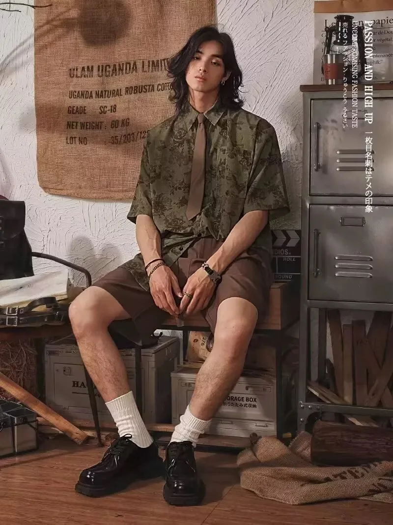 

Men Boy Vintage Bow Tie Print Shirts Tops Male Trendy Japanese Blouse Streetwear Pockets Daily Travel Casual Relax Leisure Tees