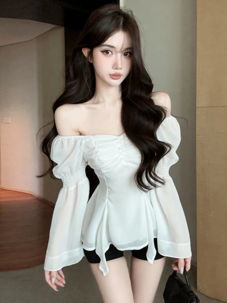 Sexy Early Autumn Square Collar Pleated Bubble Sleeve Slim Fit Waist Shaping Lace Trim Chiffon Top Women's Fashionable Top