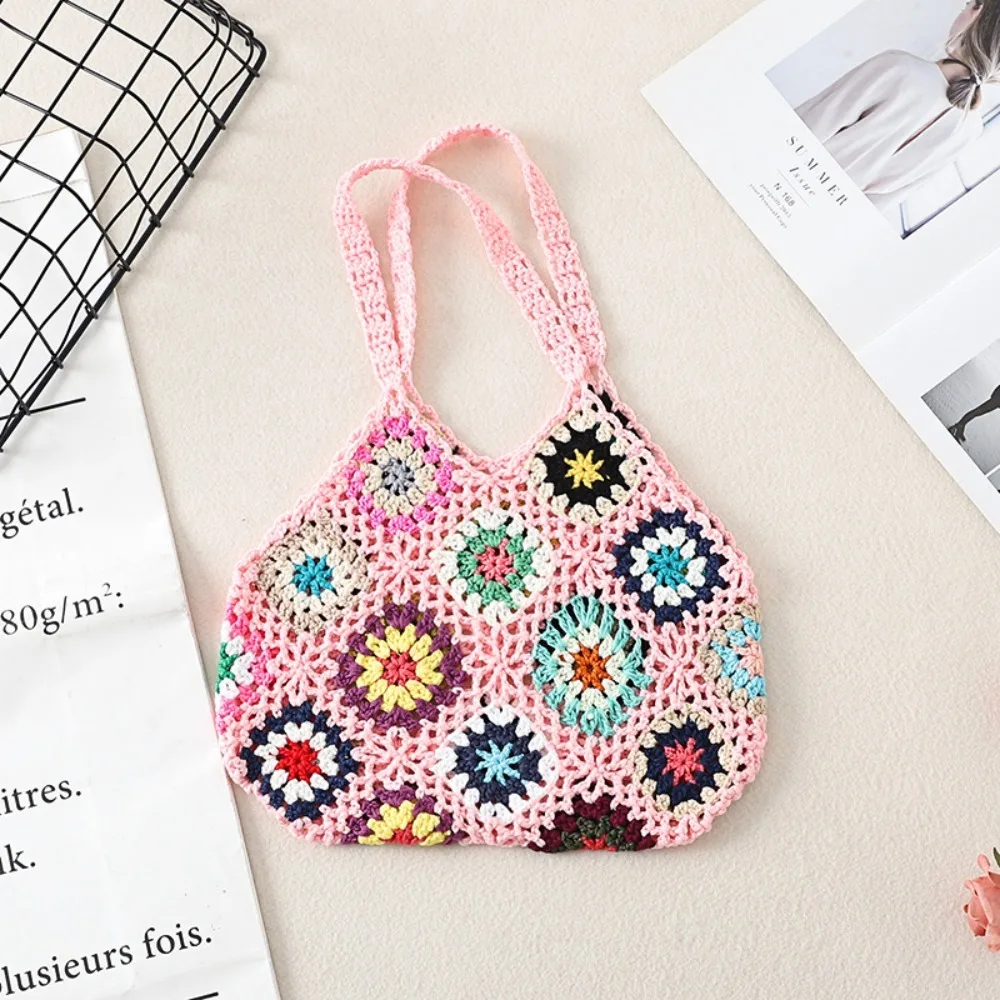 Women Tote Bag Floral Crochet Large Capacity Knitted Bag Trendy Handmade Cut-out Boho Bag Vintage Multicolor Hollow Out Handbag