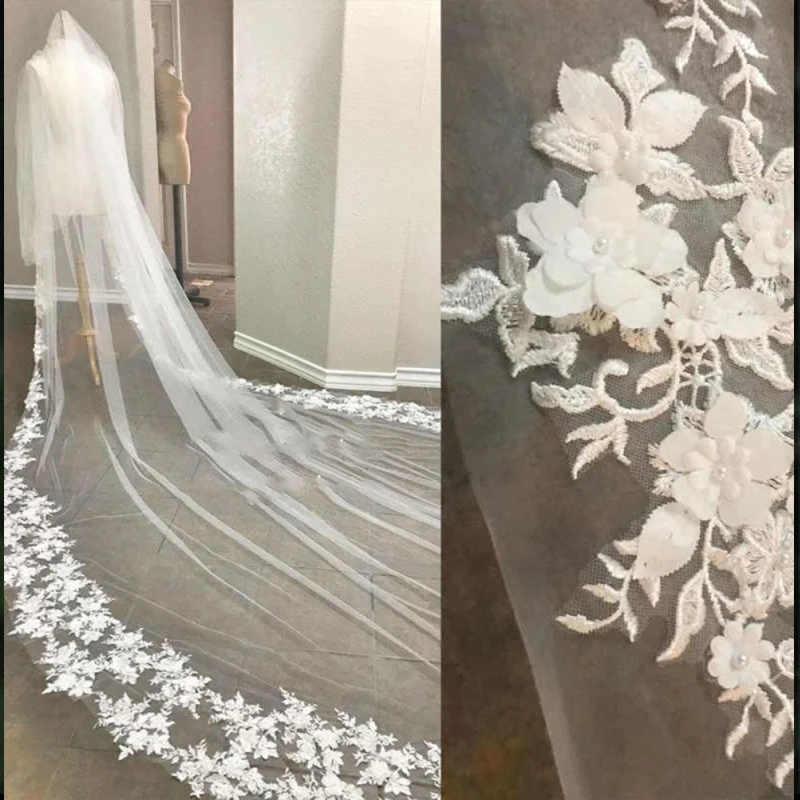 

Фата с цветочной вышивкой, 3D цветы, тюль, жемчуг, кружевное покрытие, свадебная фата с расческой по индивидуальному заказу