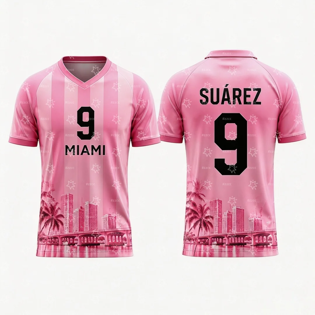 Miami City Style Soccer Jersey Short Sleeve Pink Vertical Stripe Palm Cityscape Number 10 Print Fan Football Tee for Adults Kids