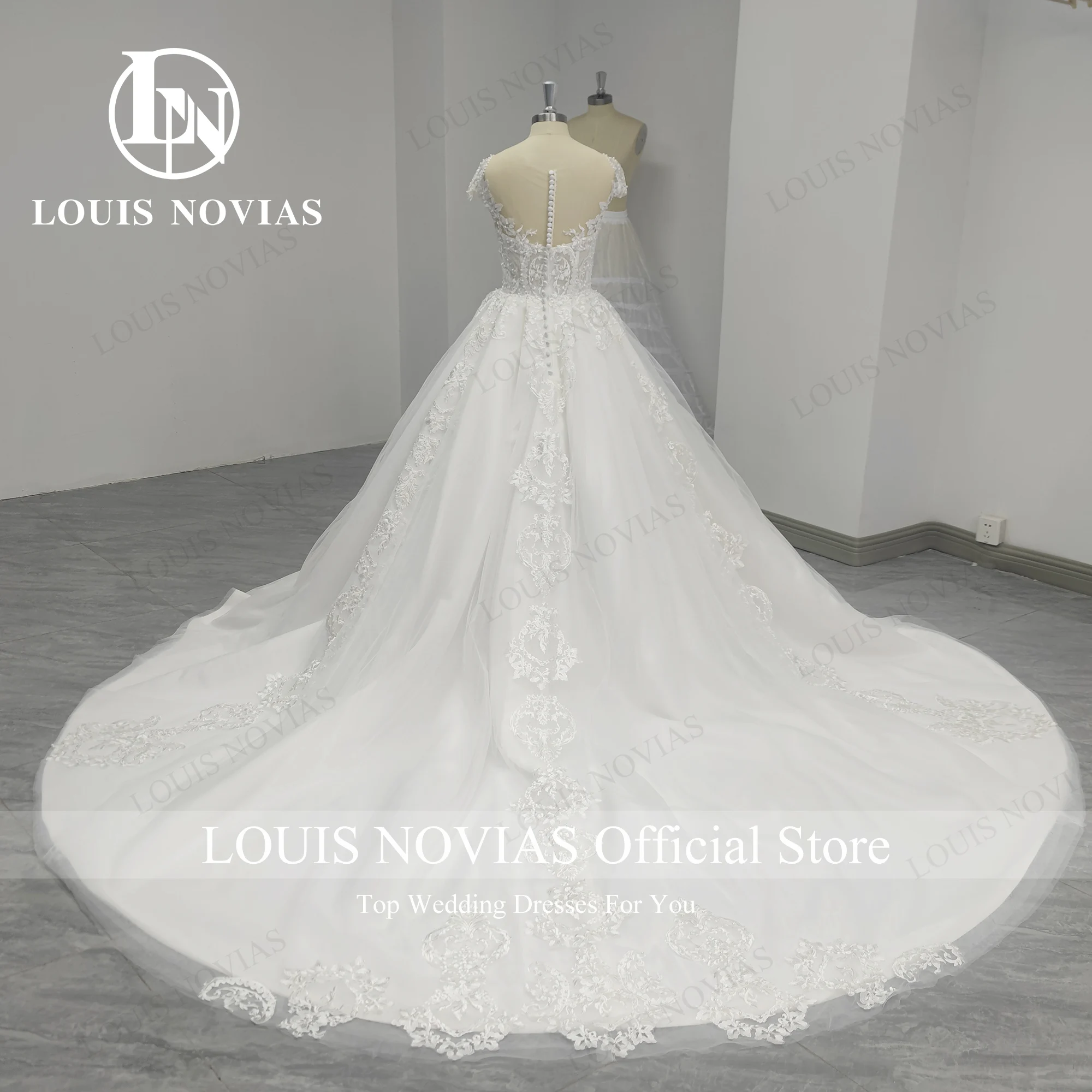 LOUIS NOVIAS Elegant Wedding Dresses For Women Short Sleeve Bride Dresses Pearls Embroidery Bridal Gown Vestidos De Novia