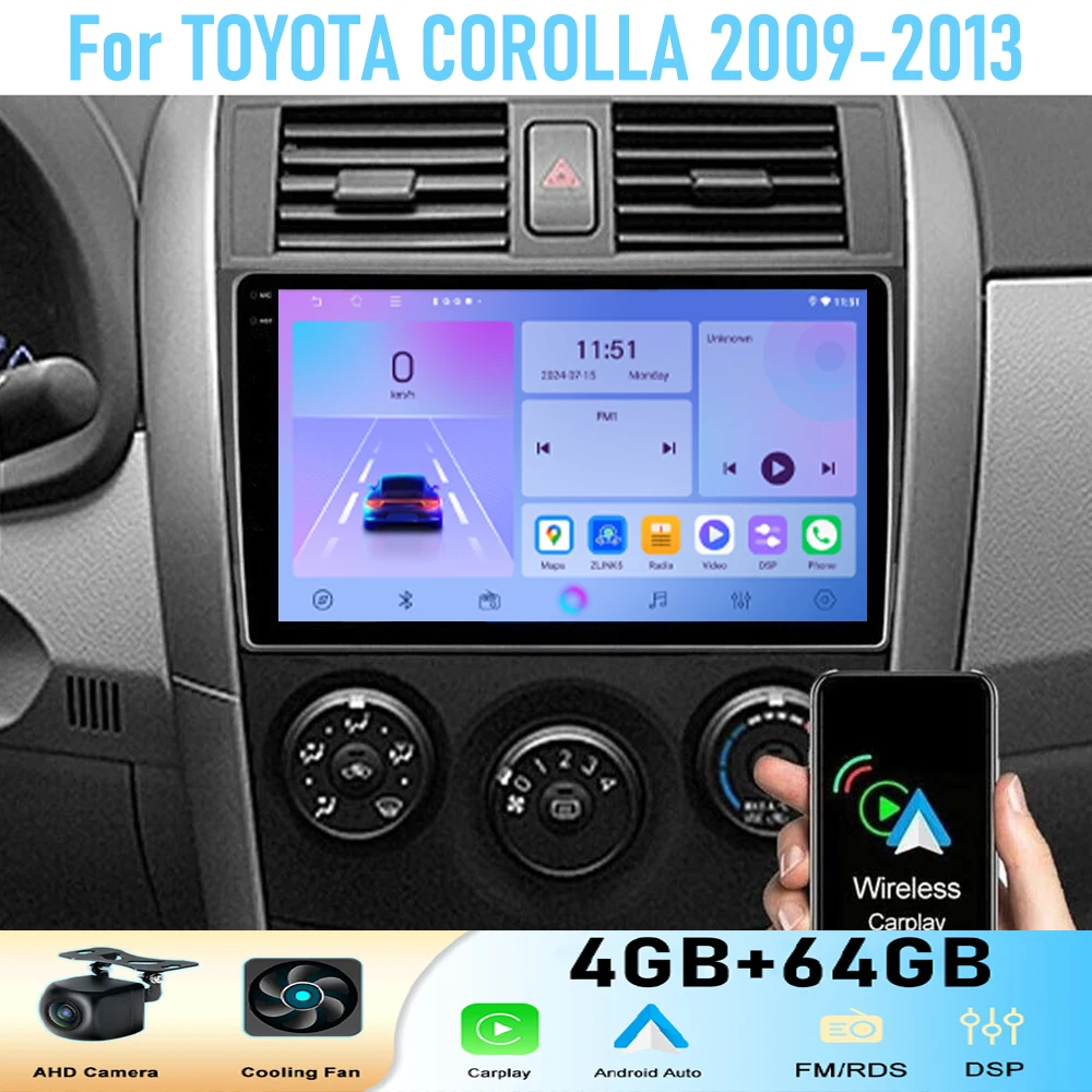 

9'' For TOYOTA COROLLA 2009-2013 Car Radio Head Unit GPS Multimedia Carplay Android 15 Wireless Navigation Intelligent System BT