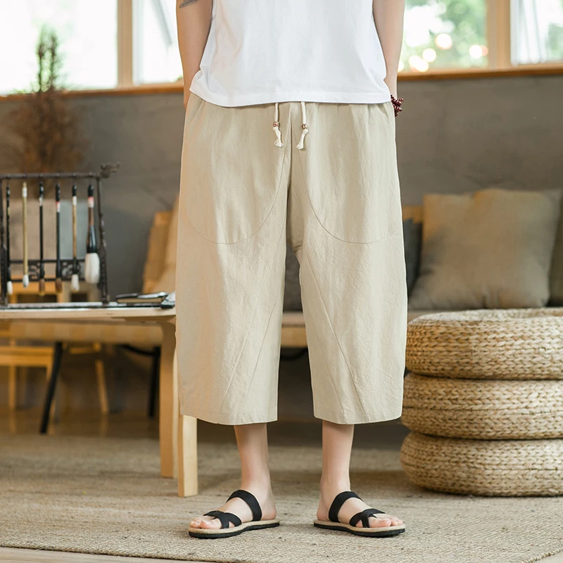 

Loose Casual Cotton Linen Seven-Foot Pants Men Summer plus Size Lantern Linen Pants Embroidered Comfortable ort orts