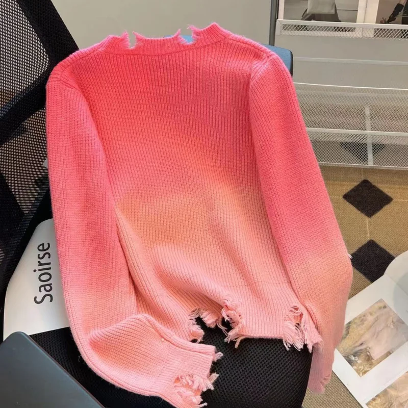 Women Pink Clothing Vintage Knitting Sweater Khaki  Long Sleeve Cotton Casual Korean Fashion Baggy Female 2023 Winter NEW Tops