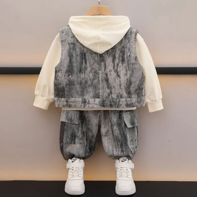 Boys' Spring Autumn Outfit Set Vest Hoodies Pants Three-piece Suits 2025 New Small Medium-sized Children's Casual Fashion Sets