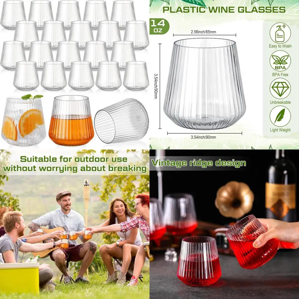 

Пластиковые бокалы для вина без ножек — упаковка из 60 штук, ребристый дизайн на 14 унций, небьющиеся стаканчики для винтажных мероприятий на открытом воздухе и в помещении.
