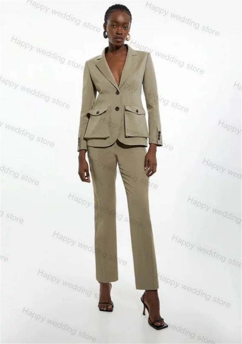 Spring Formal Women Suit Pants Set 2 Piece Blazer+Cotton Trousers Business Office Lady Coat Jacket With Pocket Customized Outfit