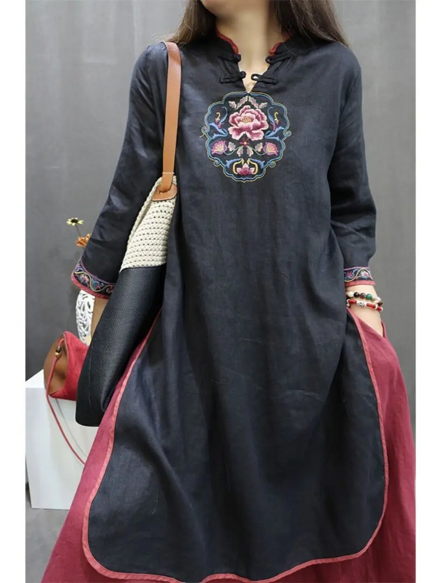 

Новое платье в традиционном китайском стиле из хлопка и льна с этнической вышивкой, летнее платье Ханьфу с рукавами 3/4, древний китайский костюм CN-223