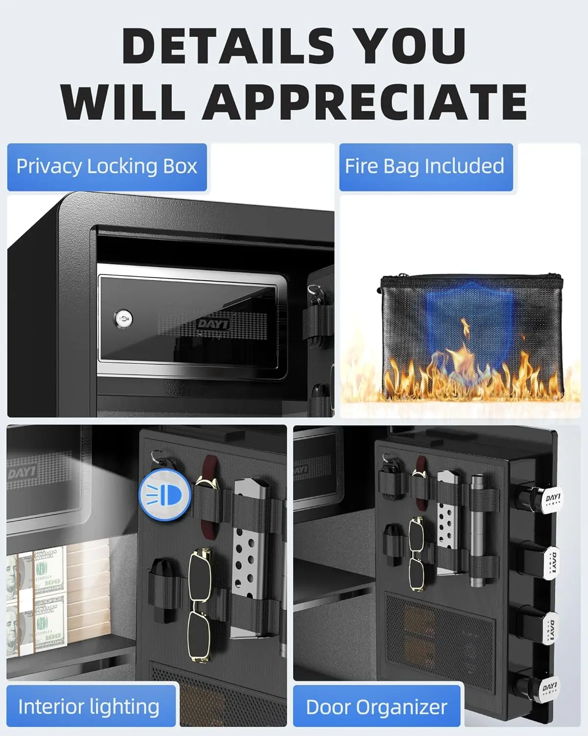 Biometric Fingerprint Safe Box, 2.0 Cubic Feet Home Safes with Fireproof Bag, Digital Touchpad Security Safe for Money Cash Docu