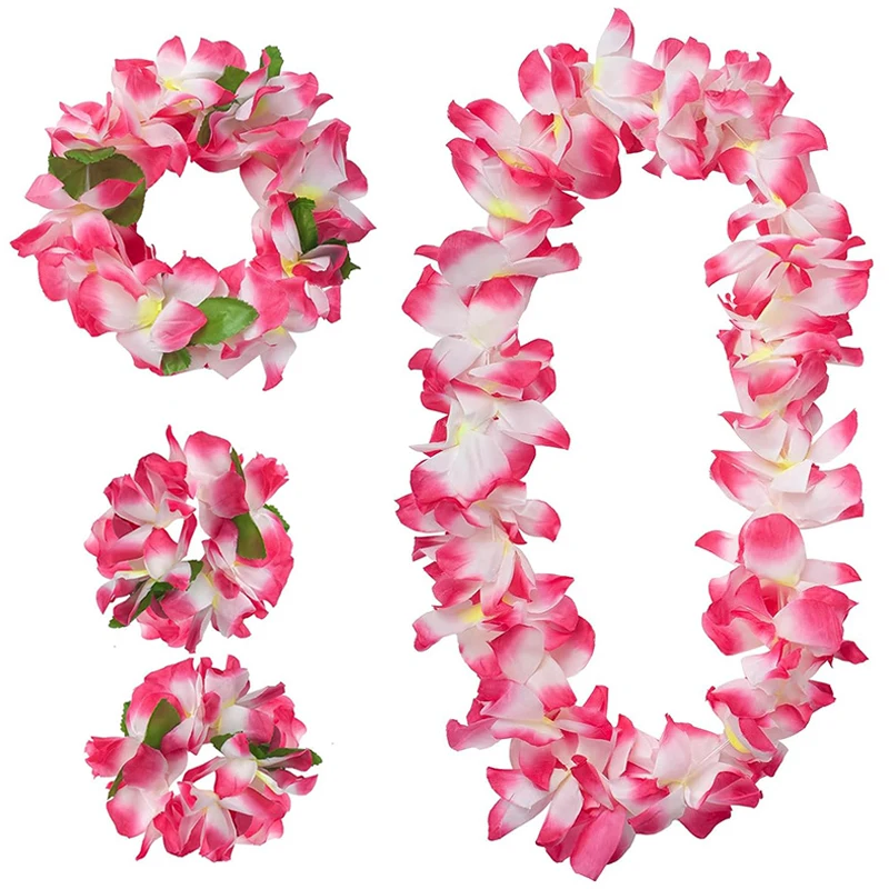 

4Pcs/set Hawaiian Leis Garland Bracelets For Luau Summer Tropical Birthday Party Decoration Artificial Flower Wreath Necklace