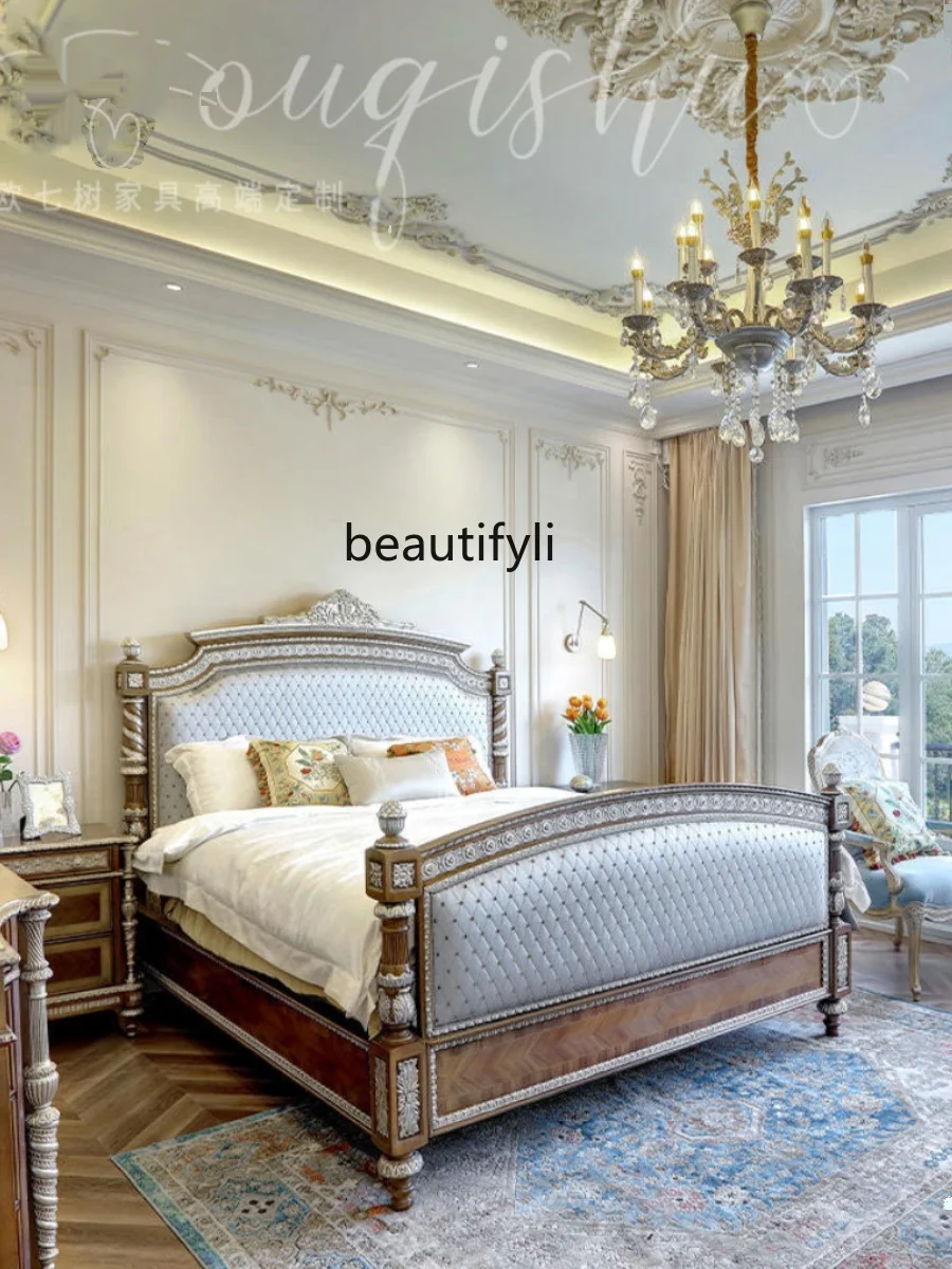 Classical Solid Wood Double Bed European-Style Windsor Castle Soft Bag Carved Bed 1.8 M Bedroom Marriage Bed Soft Bag