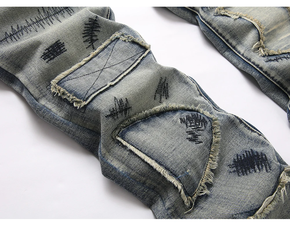 Herren Boot-Cut-Jeans Streetwear mit Patches, freigelegtem Saum, Vintage-Blau, Stickerei, Patchwork, ausgestellte Hose – Detail 9