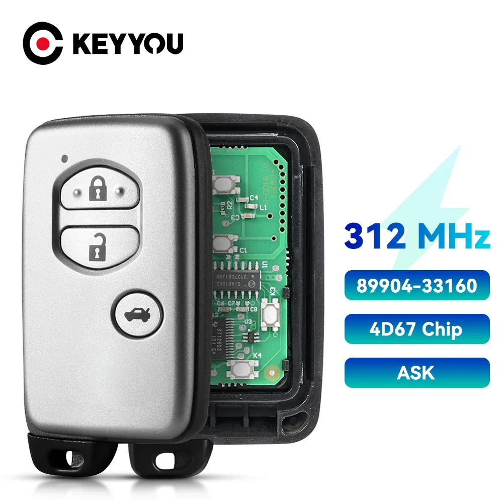 KEYYOU 312Mhz Keyless Go Remote Key For Toyota Camry 06-11 Crown Mark X Majesta Fob 3 Buttons Car Key 89904-33160 4D67 Chip ASK