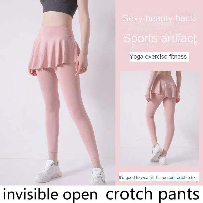 

Open-Crotch Pants Yoga Pantskirt Women's Fake Two-Piece Sport Pants Skirt with Double-Headed Invisible Zipper Full-Open Type