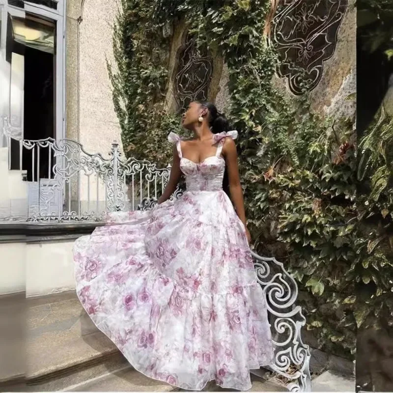 2026 Elegant Sexy V Neck Halter Back Bandage Ruffle Graduation Celebrity Floor Length Dress Women Floral Corset Party Dress