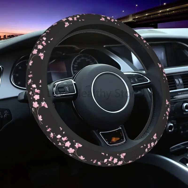 Japanese Sakura Cherry Blossoms Print Steering Wheel Cover Anti Slip Neoprene Steering Wheel Protector Universal 15 Inches