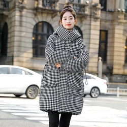 Cotton-padded Jacket Women Winter New Thicken Warm Parkas Houndstooth Hooded Medium To Long Drawable Waist Coat Female