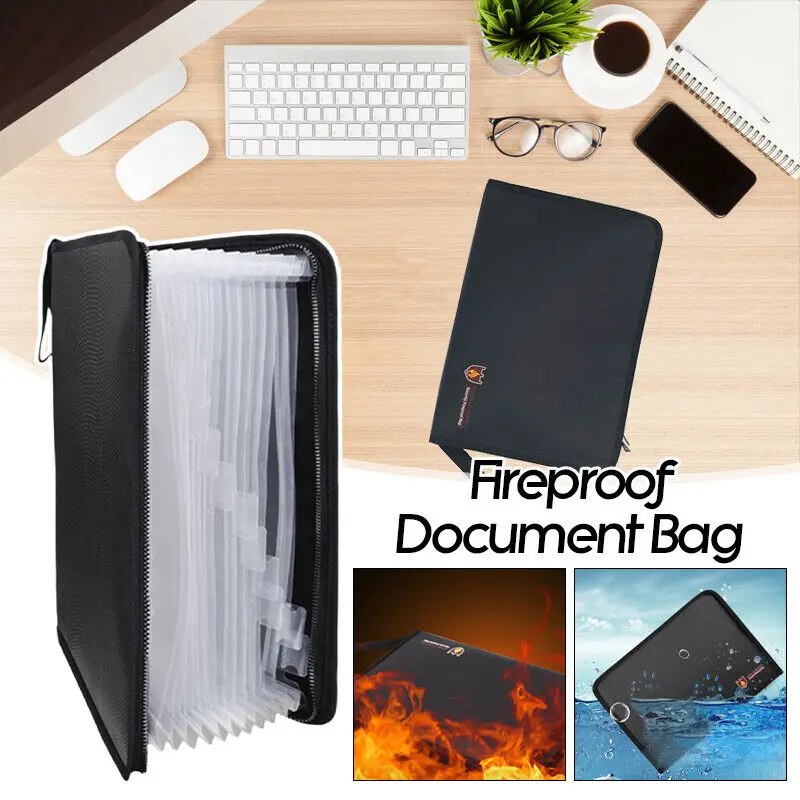 Fireproof Document Bag 12 Pockets Safe Envelope for Cash Passport Document Files Flame Retardant Briefcase Expanding Folders