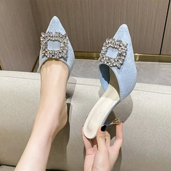 Crystal Pointed Toe Women Luxury Slippers Shoes Summer Shallow Mules Shoes High Heels 2024 New Pumps Fad Zapatos Mujer Slingback