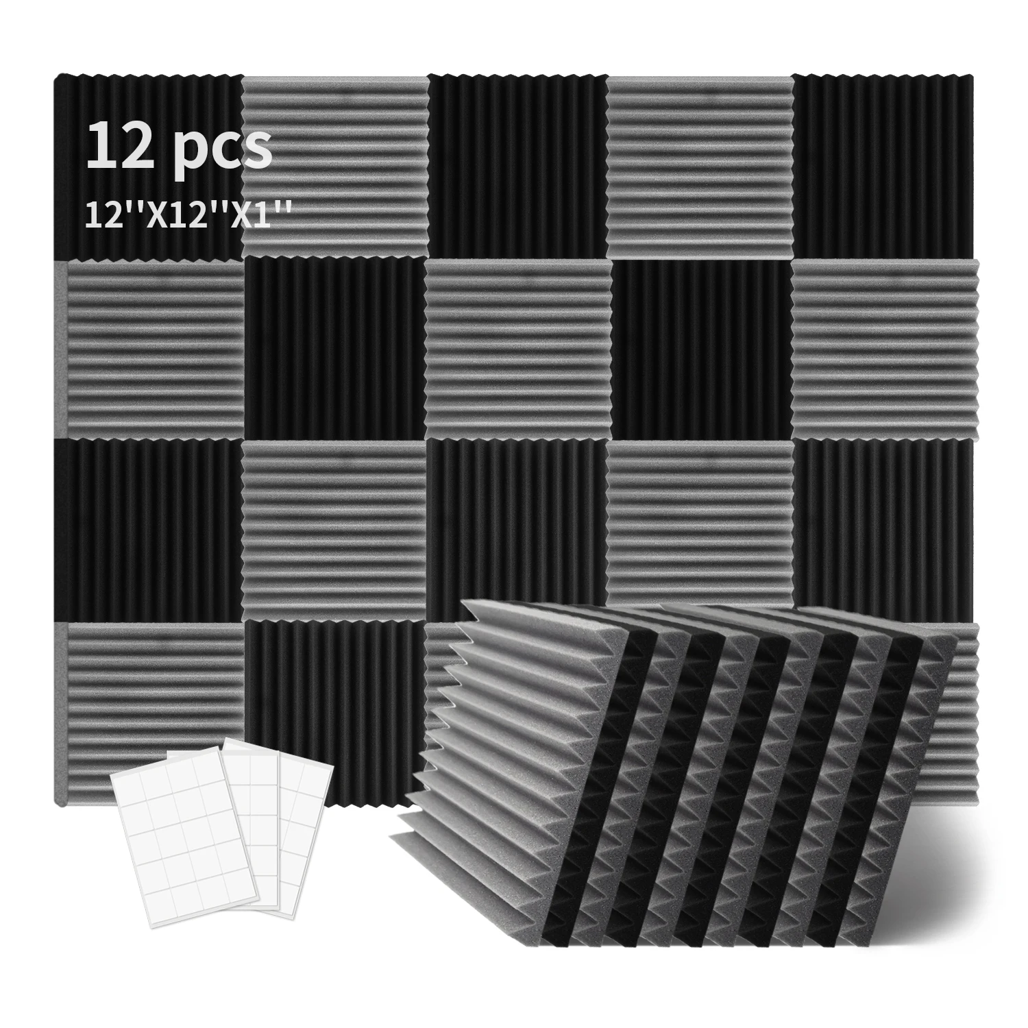 12pcs Studio Acoustic Foam Soundproof Acoustic Wall Panels  Wedges Absorption Treatment Sponge, 1\'\'X12\'\'X12\'\'